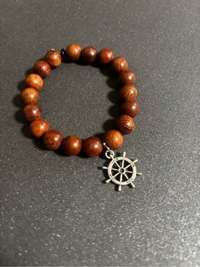 Wood Bead Bracelet with Ship Wheel Charm - Brown